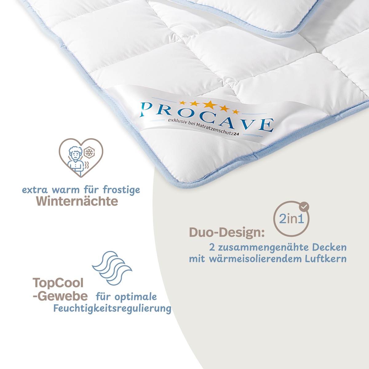 PROCAVE TopCool kochfeste Qualit&auml;ts-Duo-Winterdecke Infografik &mdash; Duo-Design mit w&auml;rmeisolierendem Luftkern, extra warm f&uuml;r frostige Wintern&auml;chte, TopCool-Feuchtigkeitsregulierung