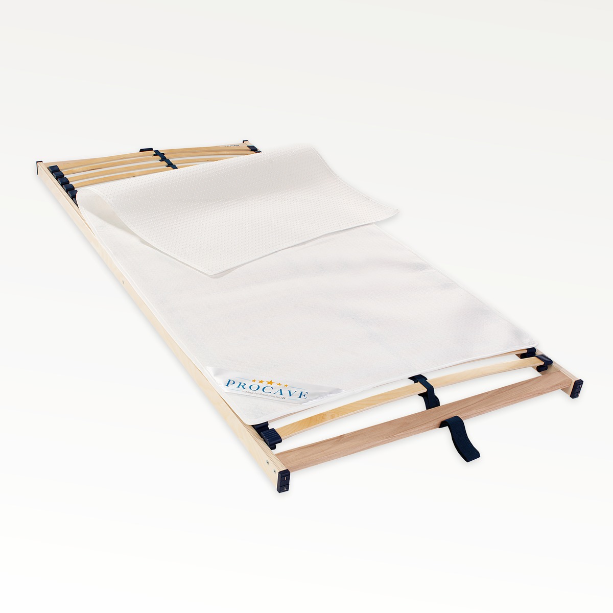 PROCAVE Noppenschoner &mdash; Produktfreisteller, auf Lattenrost liegend mit aufgeklappter Ecke