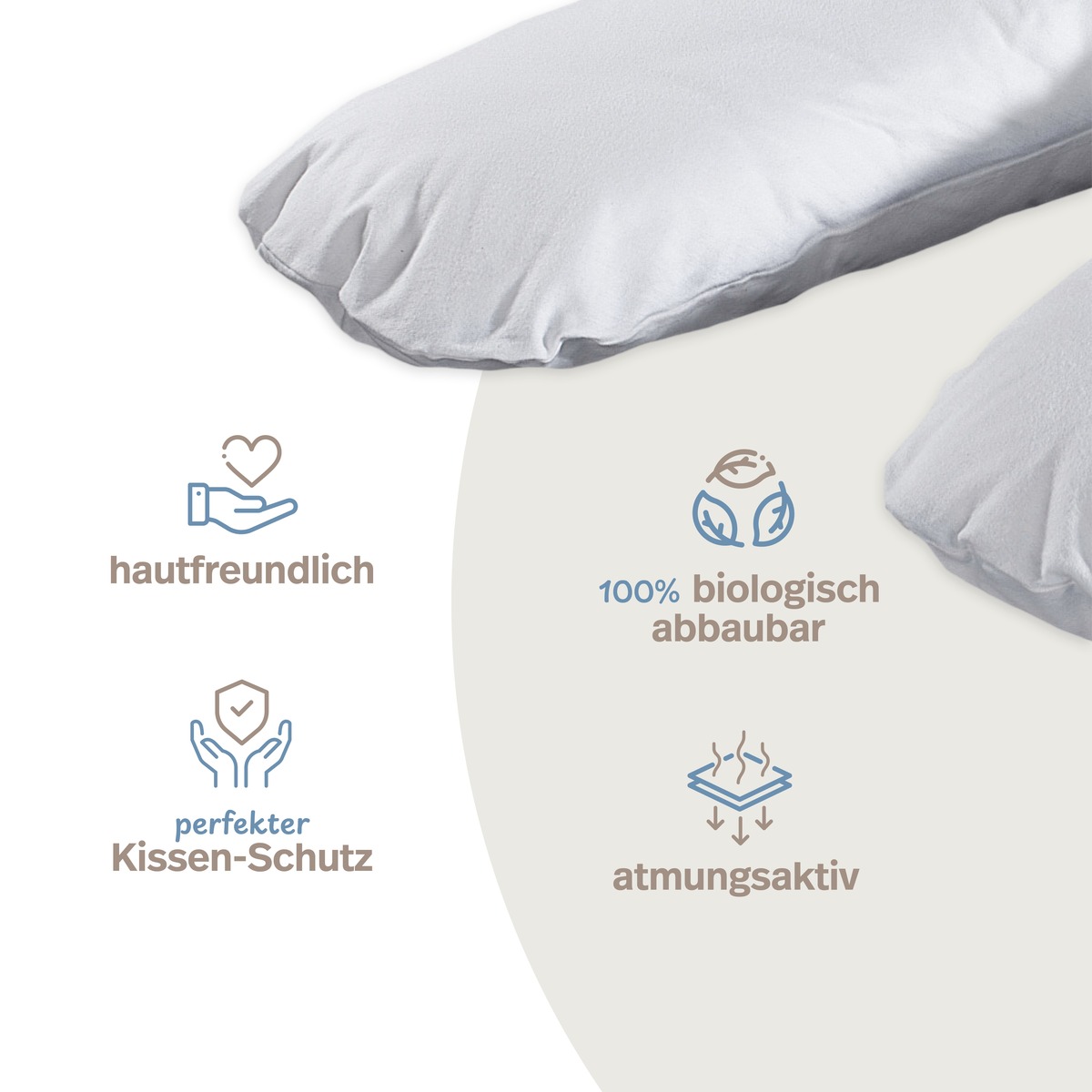 PROCAVE Feinflanell Schutzbezug f&uuml;r Stillkissen &mdash; Infografik: hautfreundlich, 100% biologisch abbaubar, atmungsaktiv, perfekter Kissen-Schutz
