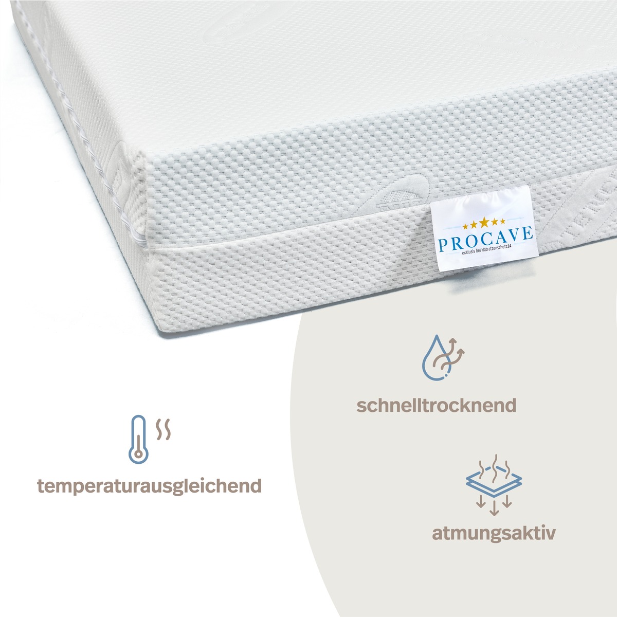 PROCAVE Lyocell Matratzenbezug unversteppt mit PROCAVE-Label &mdash; Infografik: temperaturausgleichend, schnelltrocknend, atmungsaktiv