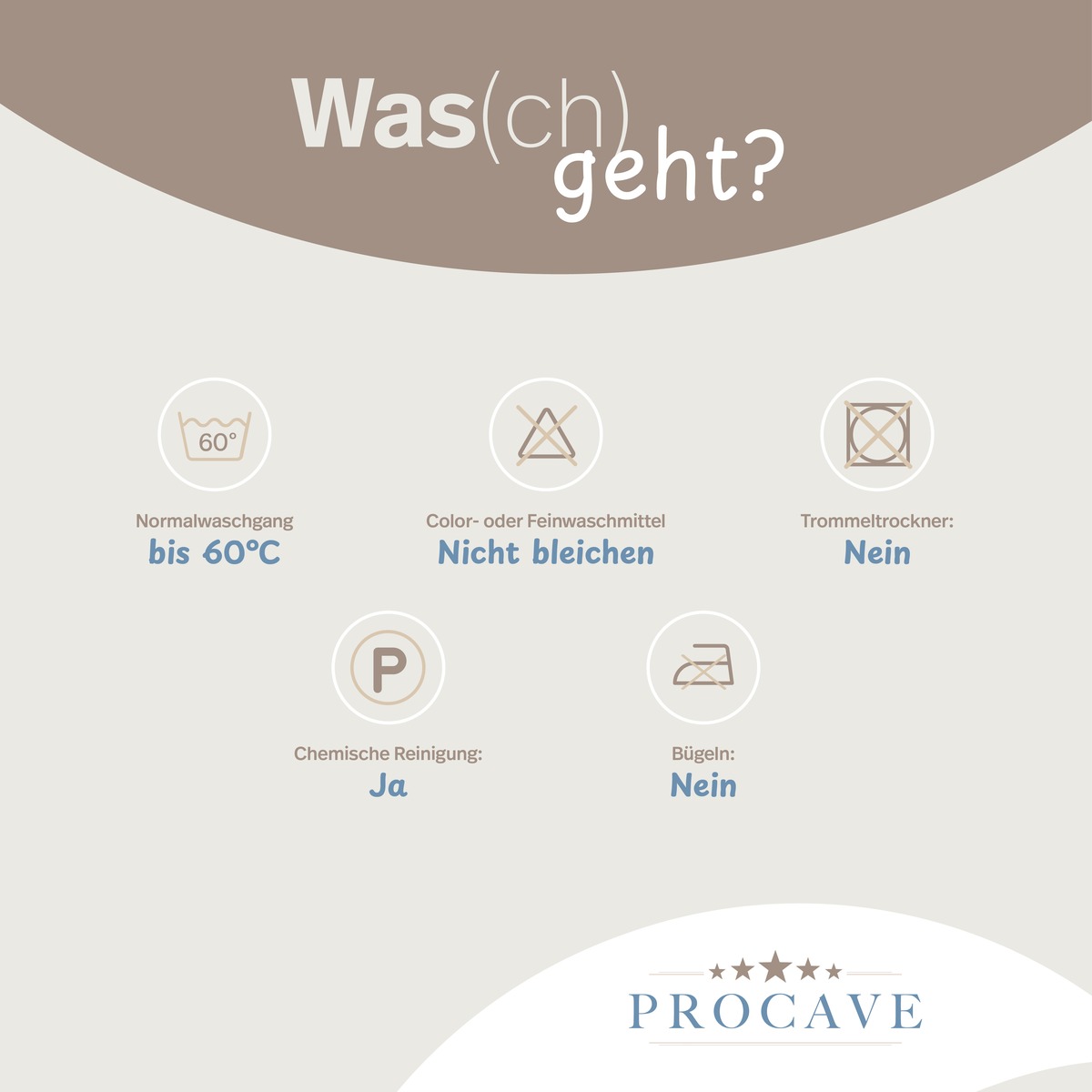 PROCAVE Matratzenauflage &mdash; Infografik Pflegehinweise: Normalw&auml;sche bis 60&deg;C, kein Bleiche, kein Trockner, m&ouml;glich Chemische Reinigung, kein B&uuml;geln