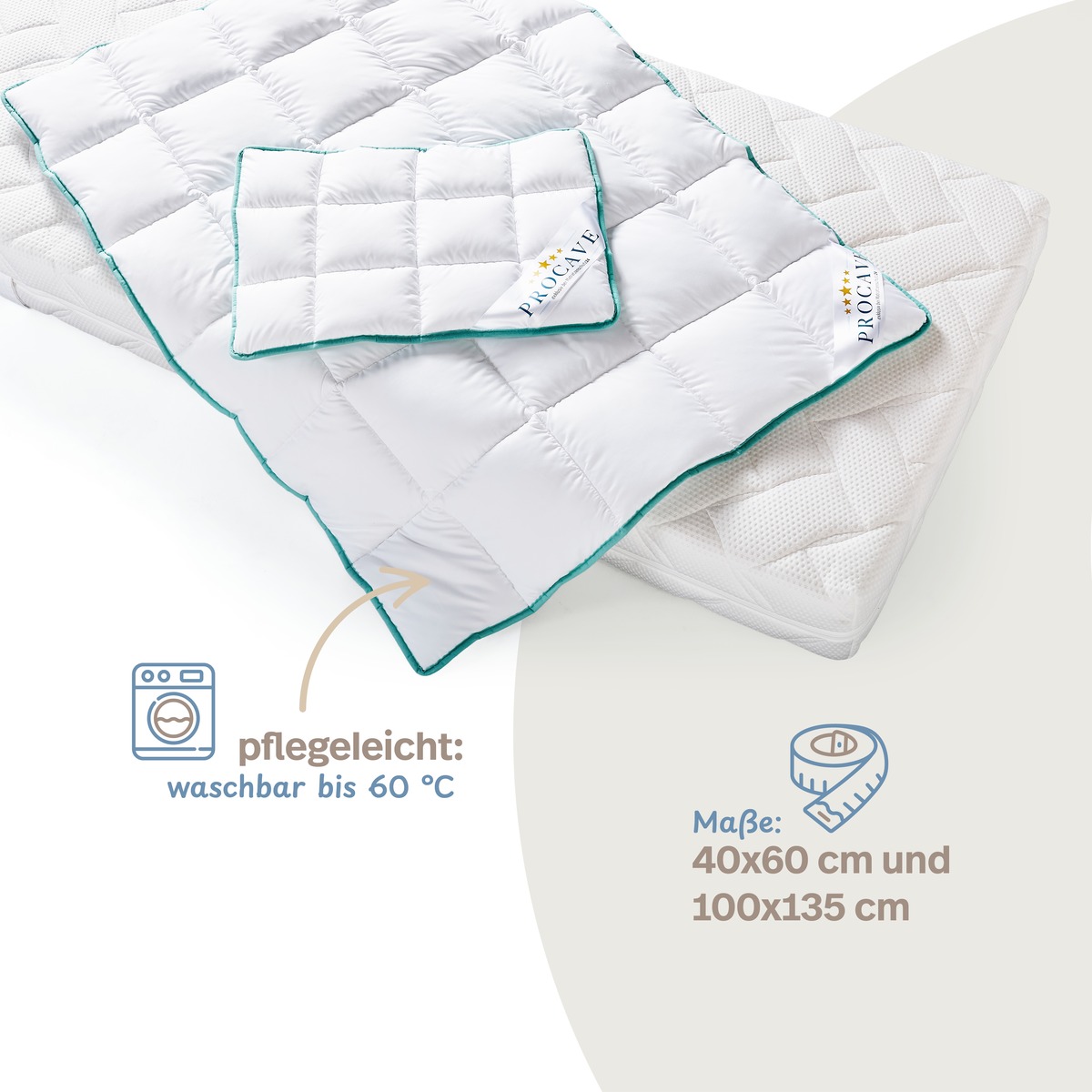 PROCAVE Kinderbetten-Set Aloe Vera &mdash; Infografik: pflegeleicht waschbar bis 60 &deg;C, Ma&szlig;e 40x60 cm und 100x135 cm