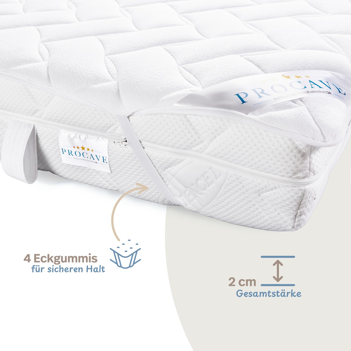 PROCAVE Matratzenauflage Frottee &mdash; Infografik zeigt 4 Eckgummis f&uuml;r sicheren Halt, 2 cm Gesamtst&auml;rke f&uuml;r zus&auml;tzlichen Komfort