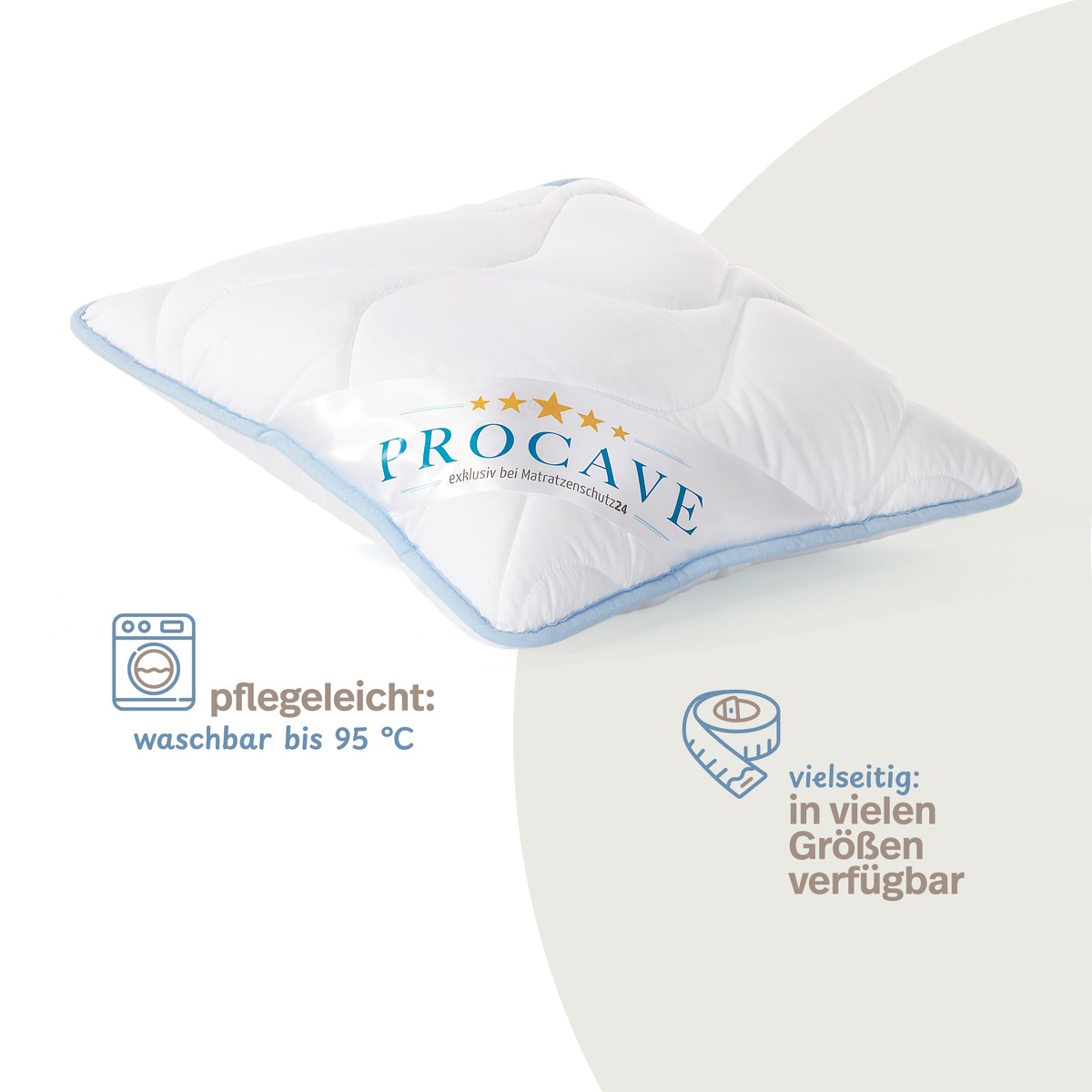 PROCAVE TopCool Qualitäts-Stepp-Kopfkissen — Infografik: pflegeleicht waschbar bis 95°C, vielseitig in vielen Größen verfügbar