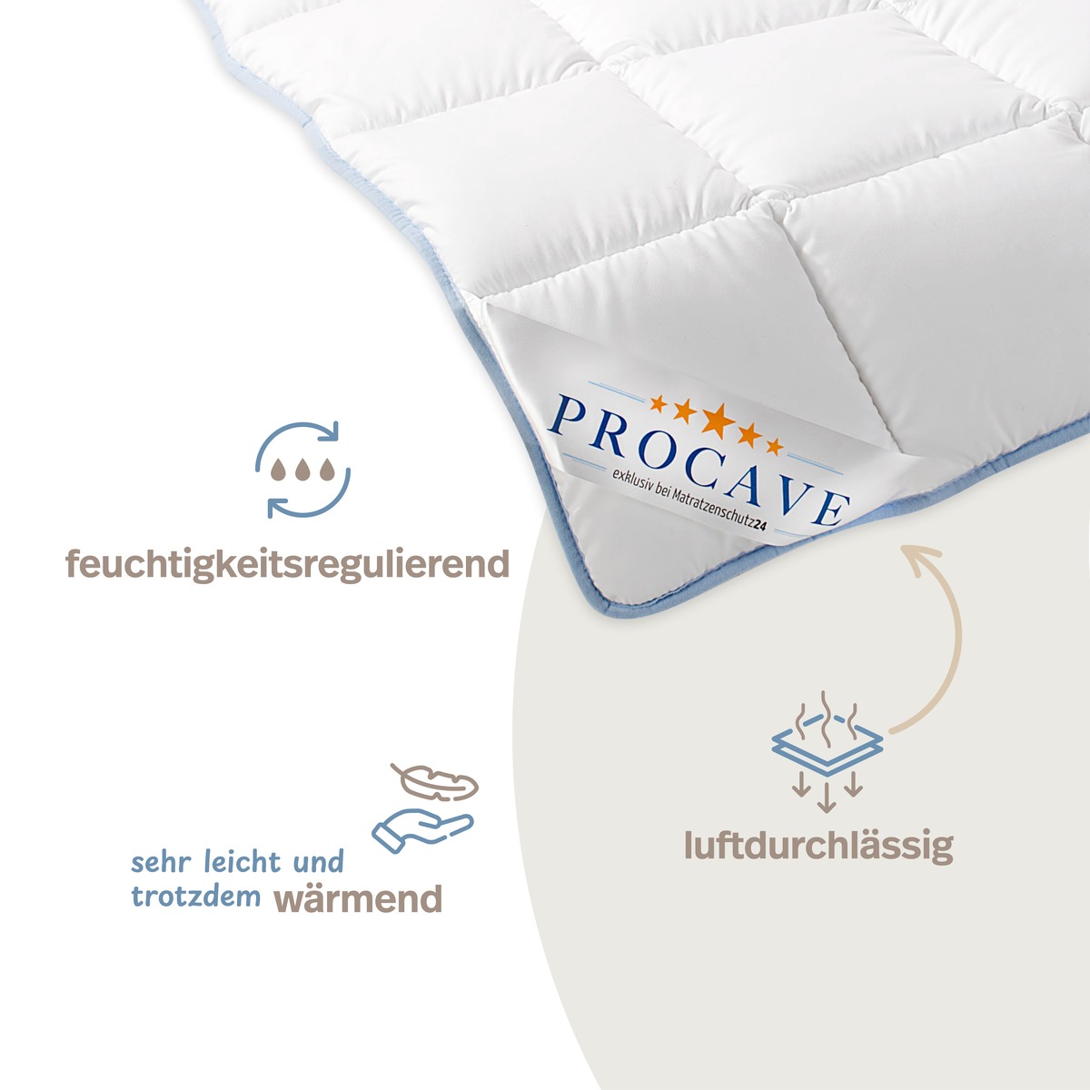 PROCAVE TopCool kochfeste Qualit&auml;ts-Ganzjahresdecke, Infografik mit Icons &mdash; feuchtigkeitsregulierend, luftdurchl&auml;ssig, sehr leicht und w&auml;rmend zugleich