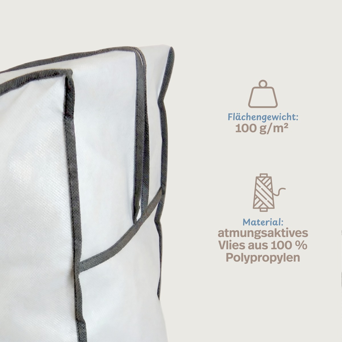 PROCAVE Aufbewahrungstasche f&uuml;r Decken-Kissen-Bettwaren &mdash; Infografik: Fl&auml;chengewicht 100 g/m&sup2;, Material atmungsaktives Vlies aus 100 % Polypropylen