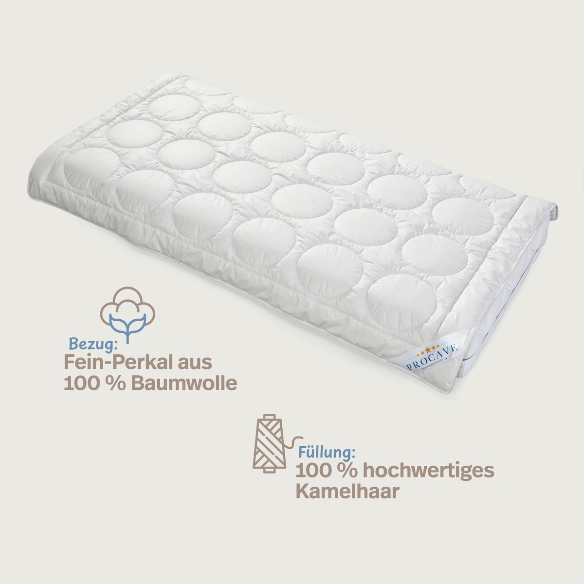 PROCAVE NATUR Kamelhaar Exquisit Winterbettdecke — Infografik: Bezug aus Fein-Perkal aus 100 % Baumwolle, Füllung aus 100 % hochwertigem Kamelhaar