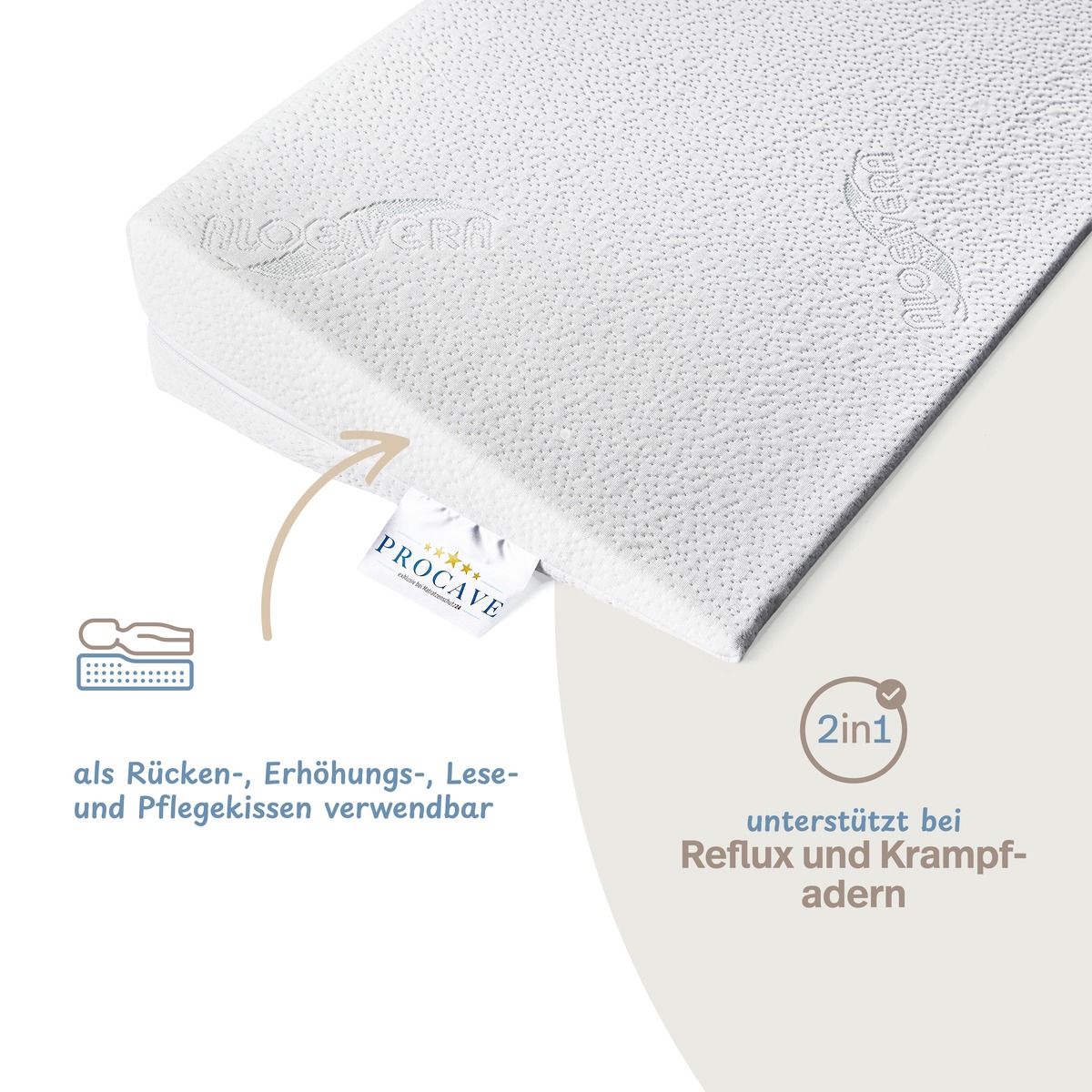 PROCAVE Bettkeil mit AloeVera-Doppeltuch-Bezug &mdash; Infografik: vielseitig einsetzbar als R&uuml;cken-, Erh&ouml;hungs-, Lese- und Pflegekissen, unterst&uuml;tzt bei Reflux und Krampfadern