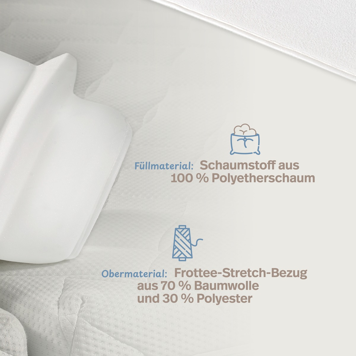 PROCAVE Doppelbettbr&uuml;cke mit Frottee-Bezug &mdash; Infografik: Obermaterial Frottee-Stretch-Bezug aus 70 % Baumwolle und 30 % Polyester, F&uuml;llmaterial 100 % Polyetherschaum