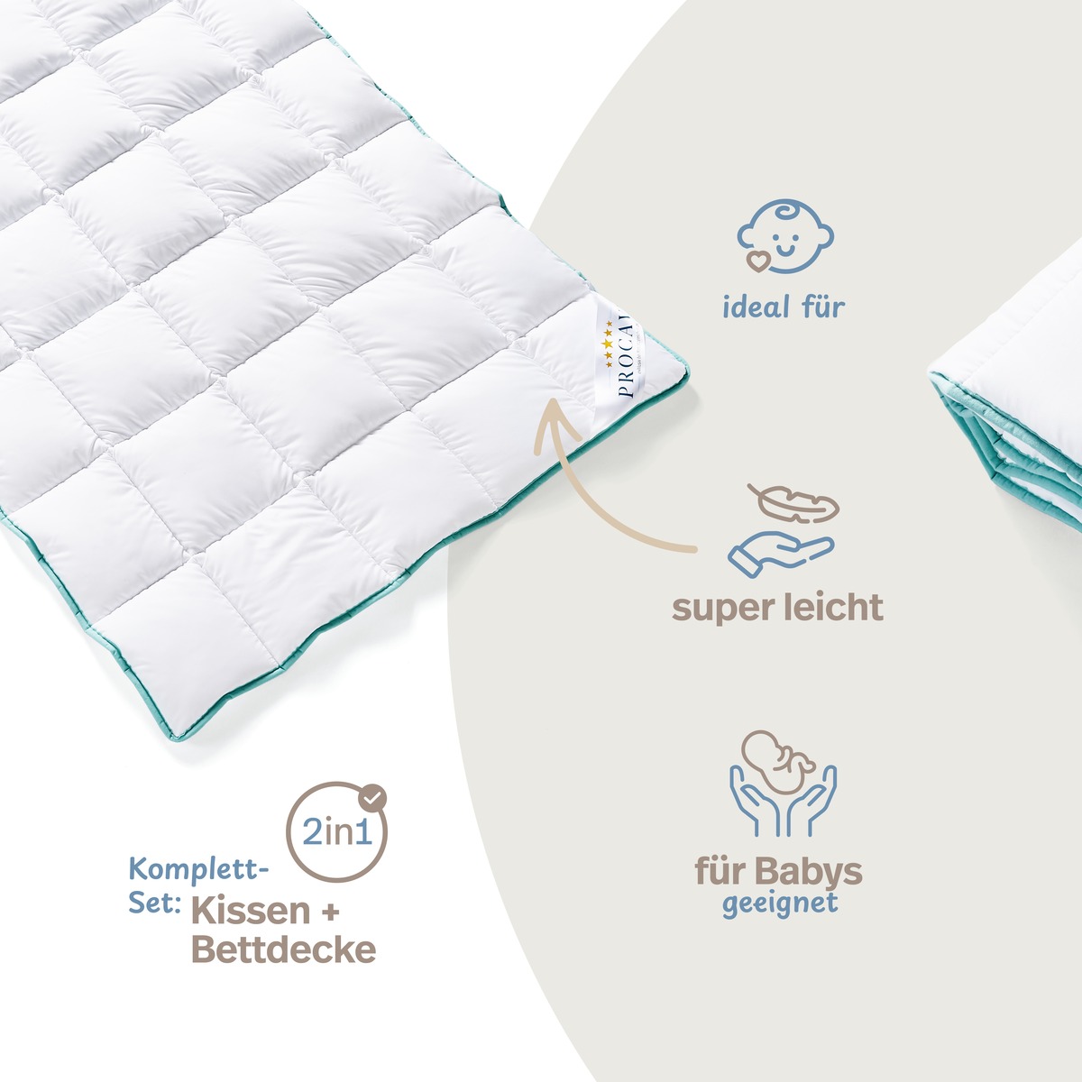 PROCAVE Kinderbetten-Set Aloe Vera &mdash; Infografik: 2in1 Kissen und Bettdecke, ideal f&uuml;r Babys, super leicht