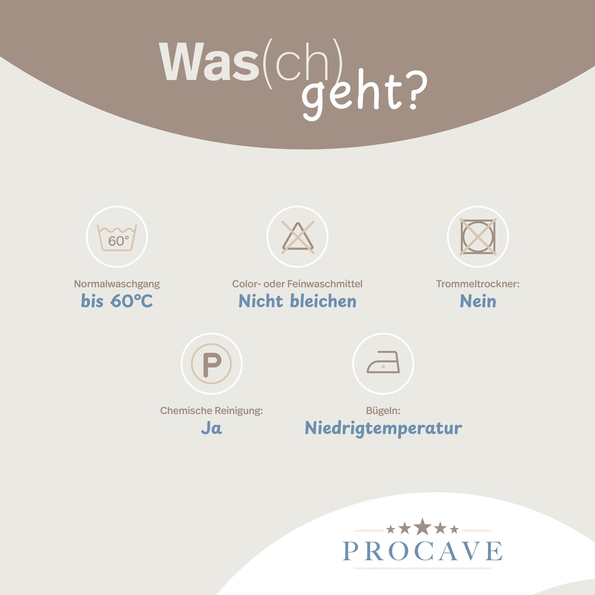 PROCAVE AloeVera Matratzenbezug unversteppt &mdash; Pflegesymbole: Normalwaschgang bis 60 &deg;C, nicht bleichen, kein Trockner, Chemische Reinigung m&ouml;glich, B&uuml;geln nicht geeignet
