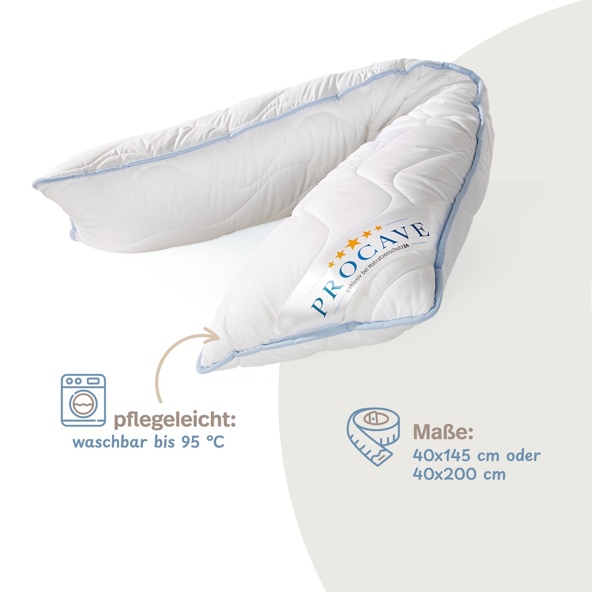 PROCAVE Seitenschl&auml;ferkissen mit TopCool Kissenbezug &mdash; Infografik: pflegeleicht waschbar bis 95&deg;C, Ma&szlig;e 40&times;145 cm oder 40&times;200 cm