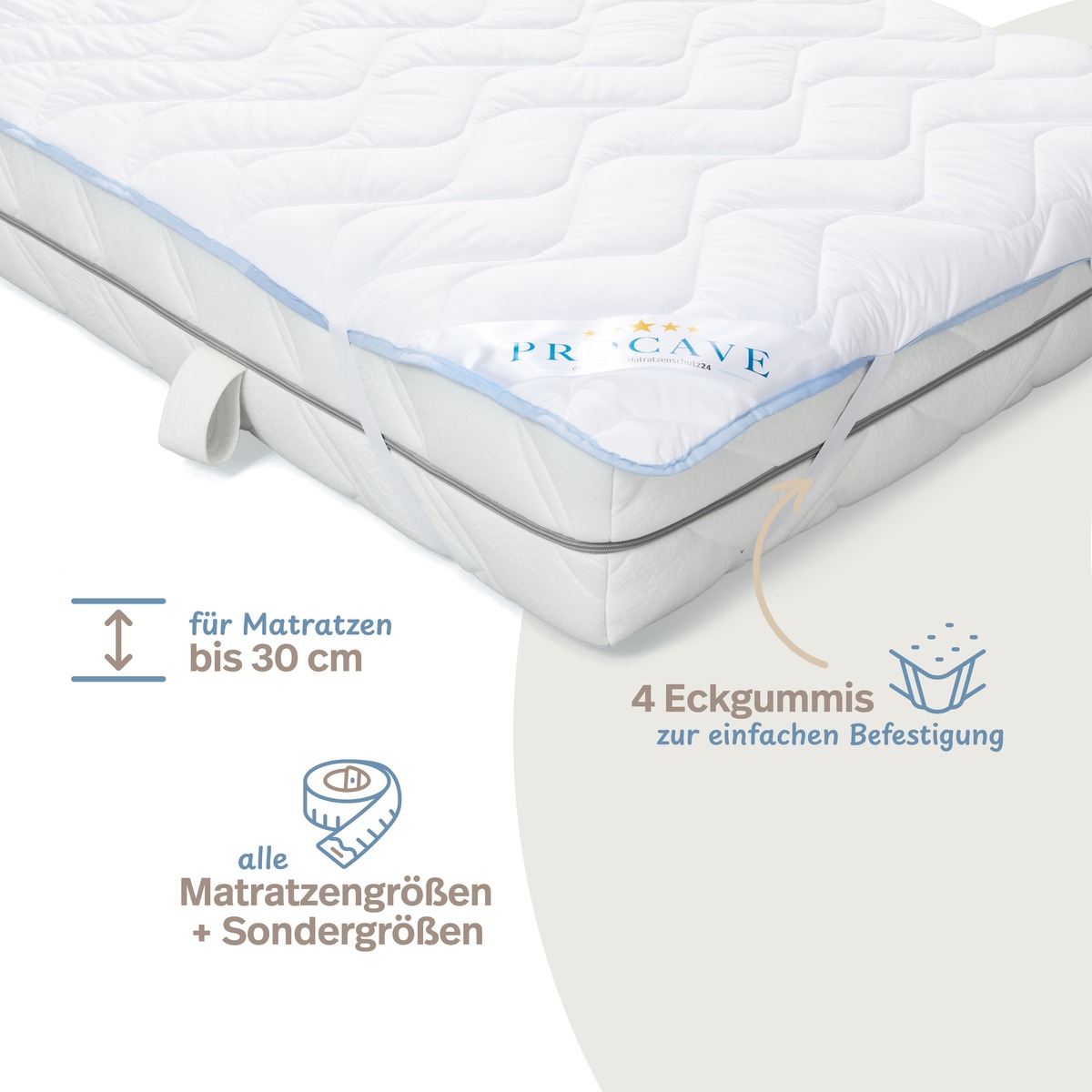 PROCAVE leichtes Unterbett TopCool &mdash; Eckgummi-Detail auf Matratze, Infografik: f&uuml;r Matratzen bis 30 cm, 4 Eckgummis zur einfachen Befestigung, alle Matratzengr&ouml;&szlig;en und Sondergr&ouml;&szlig;en