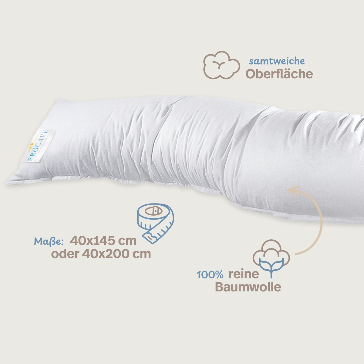 PROCAVE Feinflanell Schutzbezug f&uuml;r Seitenschl&auml;ferkissen &mdash; Infografik: samtweiche Oberfl&auml;che, 100% reine Baumwolle, Ma&szlig;e 40x145 cm oder 40x200 cm