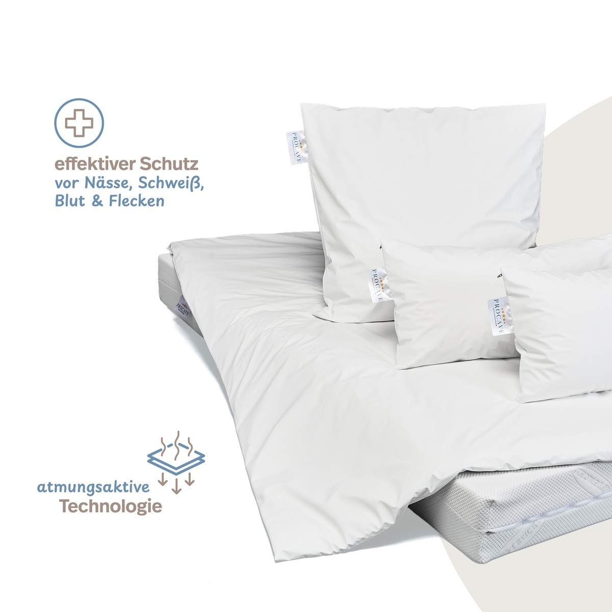 PROCAVE wasserdichter Inkontinenz Bettdeckenbezug wei&szlig; &mdash; Komplett-Set auf Bett mit Icons: effektiver Schutz vor N&auml;sse und atmungsaktive Technologie