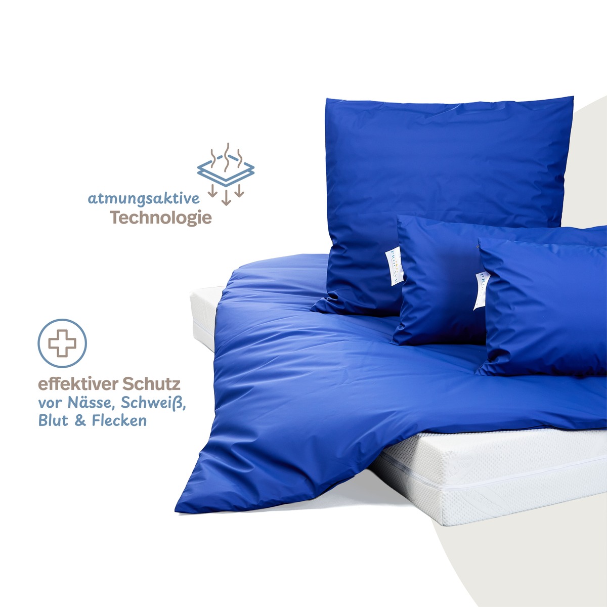 PROCAVE wasserdichter Inkontinenz Bettdeckenbezug blau &mdash; Komplett-Set auf Bett in Blau mit Icons: effektiver Schutz vor N&auml;sse und atmungsaktive Technologie
