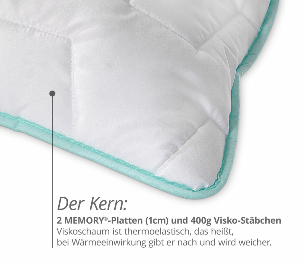 PROCAVE Nackenst&uuml;tzkissen Memory mit AloeVera Kissenbezug &mdash; Detailaufnahme der Kissenecke mit Erkl&auml;rung zum Kern: 2 MEMORY-Platten mit 1 cm und 400 g Visko-St&auml;bchen, thermoelastisch und bei W&auml;rme nachgebend