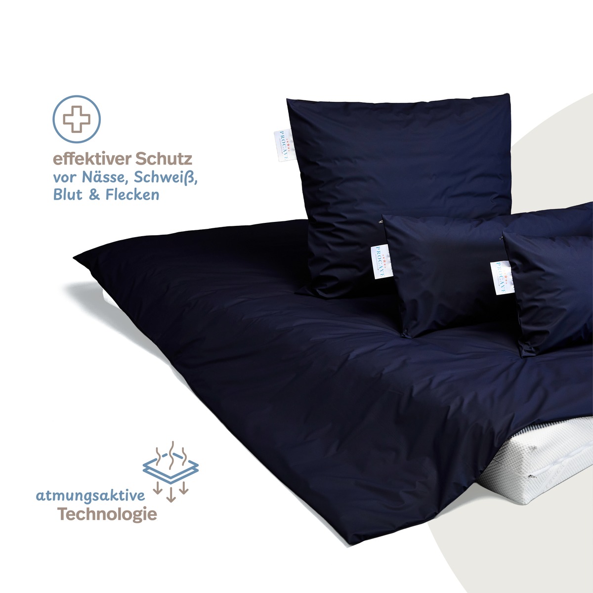PROCAVE wasserdichter Inkontinenz Bettdeckenbezug dunkelblau &mdash; Komplett-Set auf Bett in Dunkelblau mit Icons: effektiver Schutz vor N&auml;sse und atmungsaktive Technologie