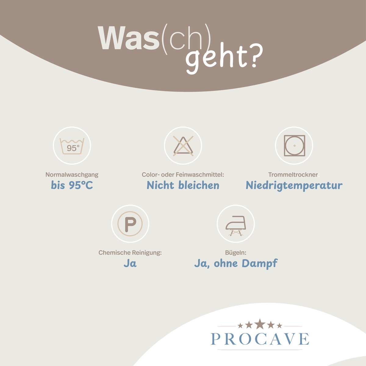 PROCAVE TopCool Qualitäts-Stepp-Kopfkissen — Infografik Pflegehinweise: waschbar bis 95°C, nicht bleichen, Niedrigtemperaturtrockner, chemische Reinigung ja, Bügeln ja ohne Dampf