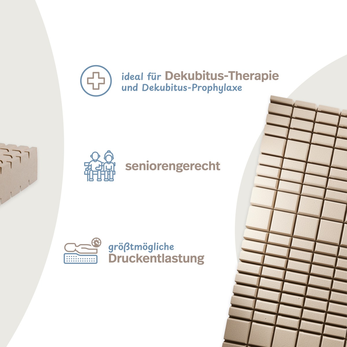 PROCAVE W&uuml;rfelschnitt-Matratze GN &mdash; Infografik: ideal f&uuml;r Dekubitus-Therapie und -Prophylaxe, seniorengerecht, gr&ouml;&szlig;tm&ouml;gliche Druckentlastung
