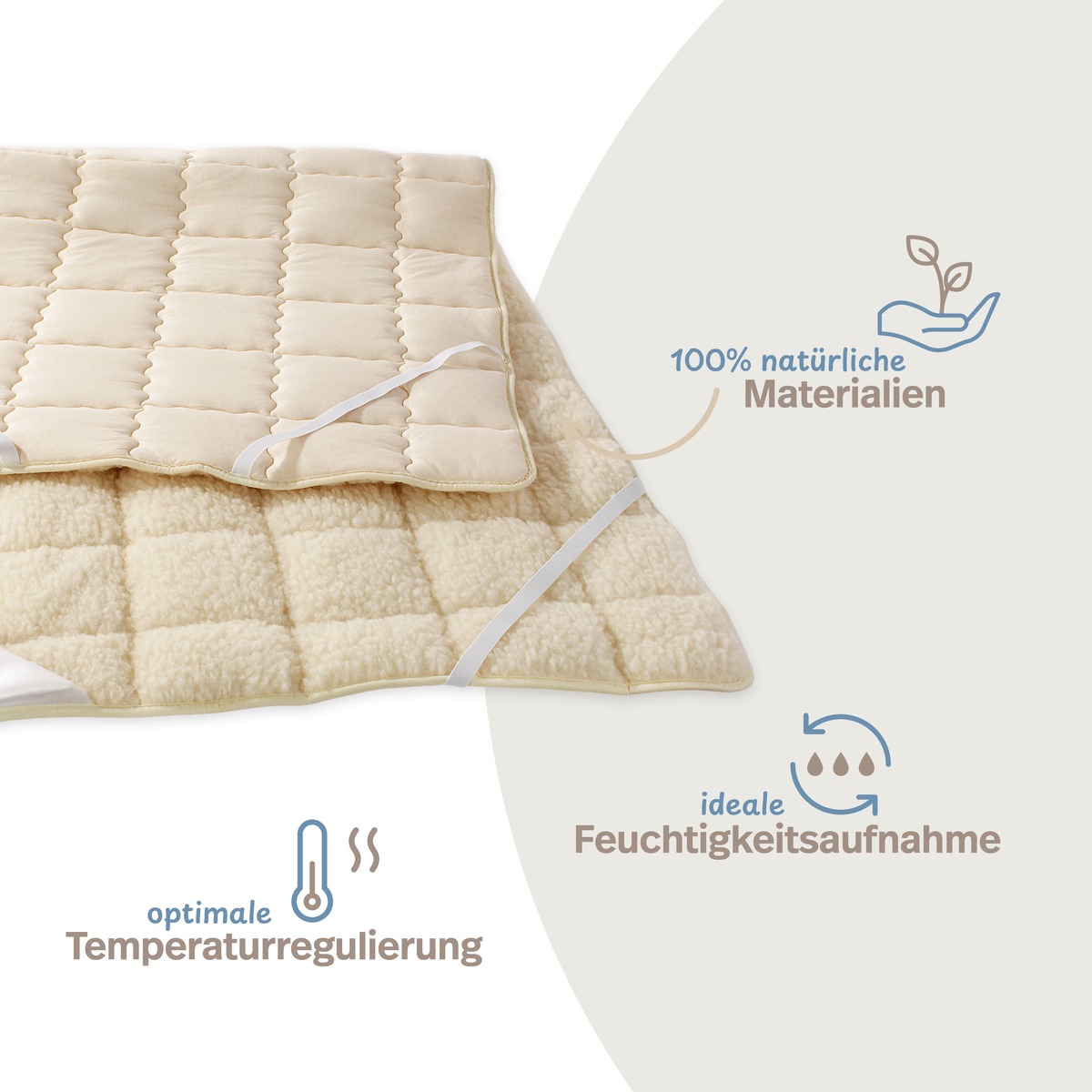 PROCAVE Matratzenschoner NATUR Lammflor Infografik &mdash; 100% nat&uuml;rliche Materialien, optimale Temperaturregulierung, ideale Feuchtigkeitsaufnahme