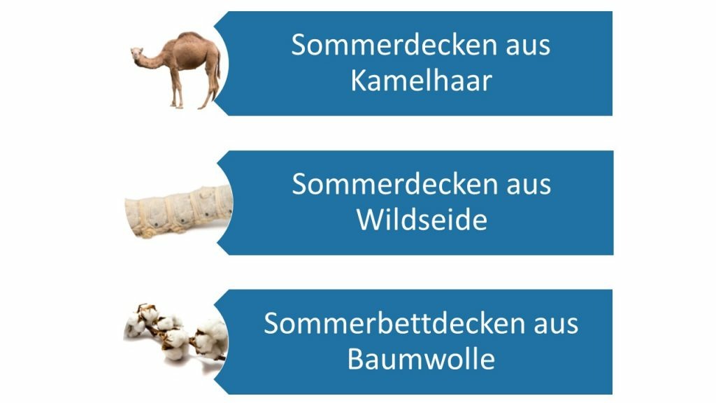 Auflistung verschiener Sommerdecken: Sommerdecken aus Kamelhaar, Wildseide und Baumwolle