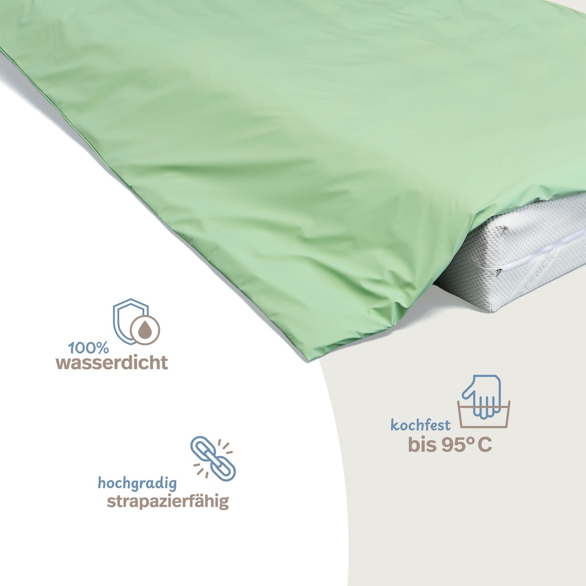 PROCAVE wasserdichter Inkontinenz Bettdeckenbezug gr&uuml;n &mdash; Infografik: 100% wasserdicht, kochfest bis 95&deg;C, hochgradig strapazierf&auml;hig