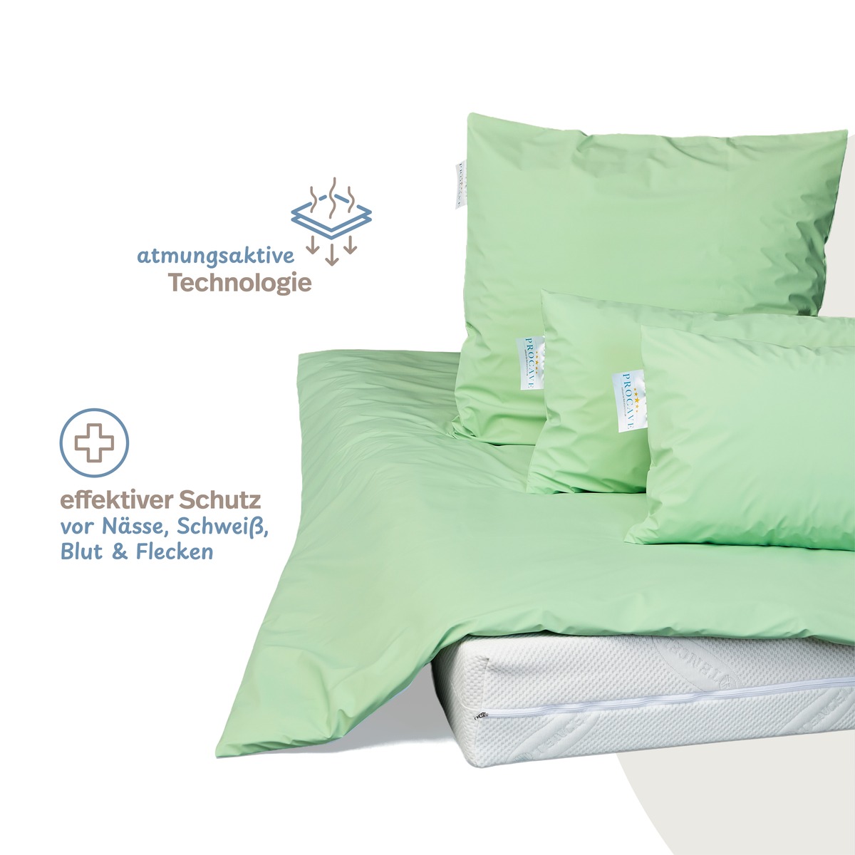 PROCAVE wasserdichter Kissenbezug abwischbar in gr&uuml;n &mdash; Infografik: atmungsaktive Technologie, Bett mit gr&uuml;nen Kissenbez&uuml;gen und Matratzenschoner