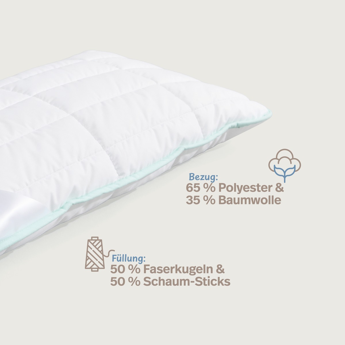 PROCAVE ALLERGENA Kopfkissen für Allergiker — Infografik: Bezug 65% Polyester und 35% Baumwolle, Füllung 50% Faserkugeln und 50% Schaum-Sticks