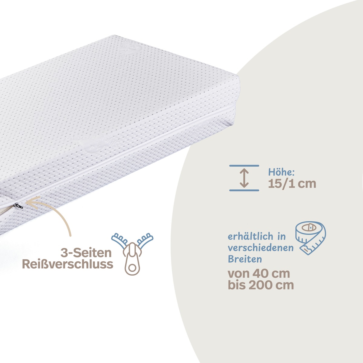 PROCAVE Bettkeil mit Silver Protect-Doppeltuch-Bezug &mdash; Infografik: 3-Seiten-Rei&szlig;verschluss, H&ouml;he 15/1 cm, erh&auml;ltlich in Breiten von 40 bis 200 cm