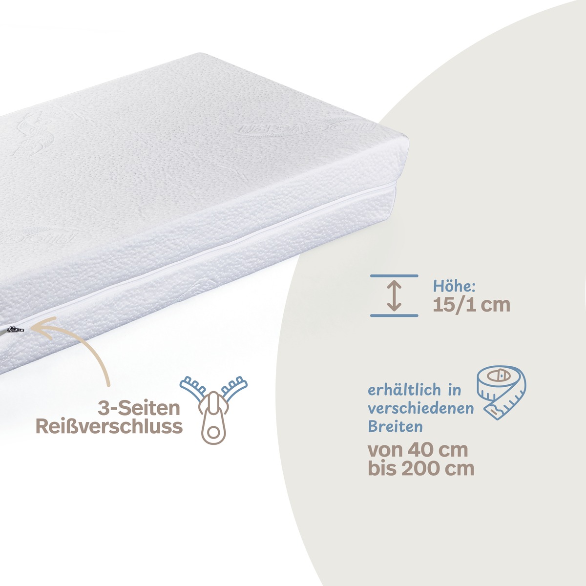 PROCAVE Bettkeil mit AloeVera-Doppeltuch-Bezug &mdash; Infografik: 3-Seiten-Rei&szlig;verschluss, H&ouml;he 15/1 cm, erh&auml;ltlich in Breiten von 40 bis 200 cm