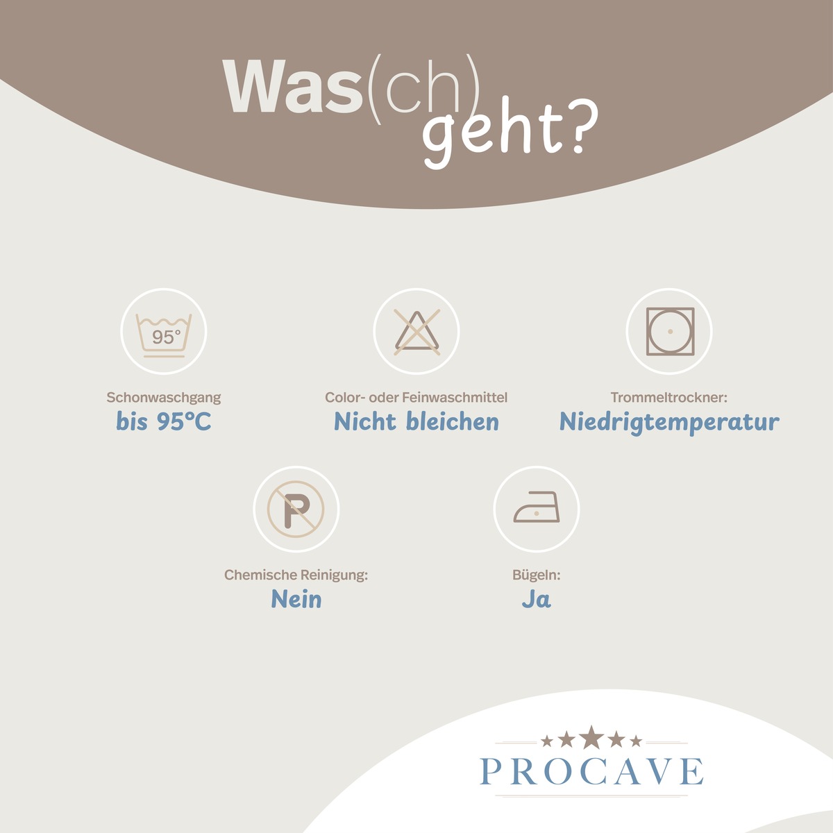 PROCAVE Matratzen-Auflage natur Baumwolle, Pflegeinfografik &mdash; Waschhinweise: bis 95 &deg;C im Schonwaschgang, nicht bleichen, Trockner bei Niedrigtemperatur, keine chemische Reinigung, B&uuml;geln m&ouml;glich