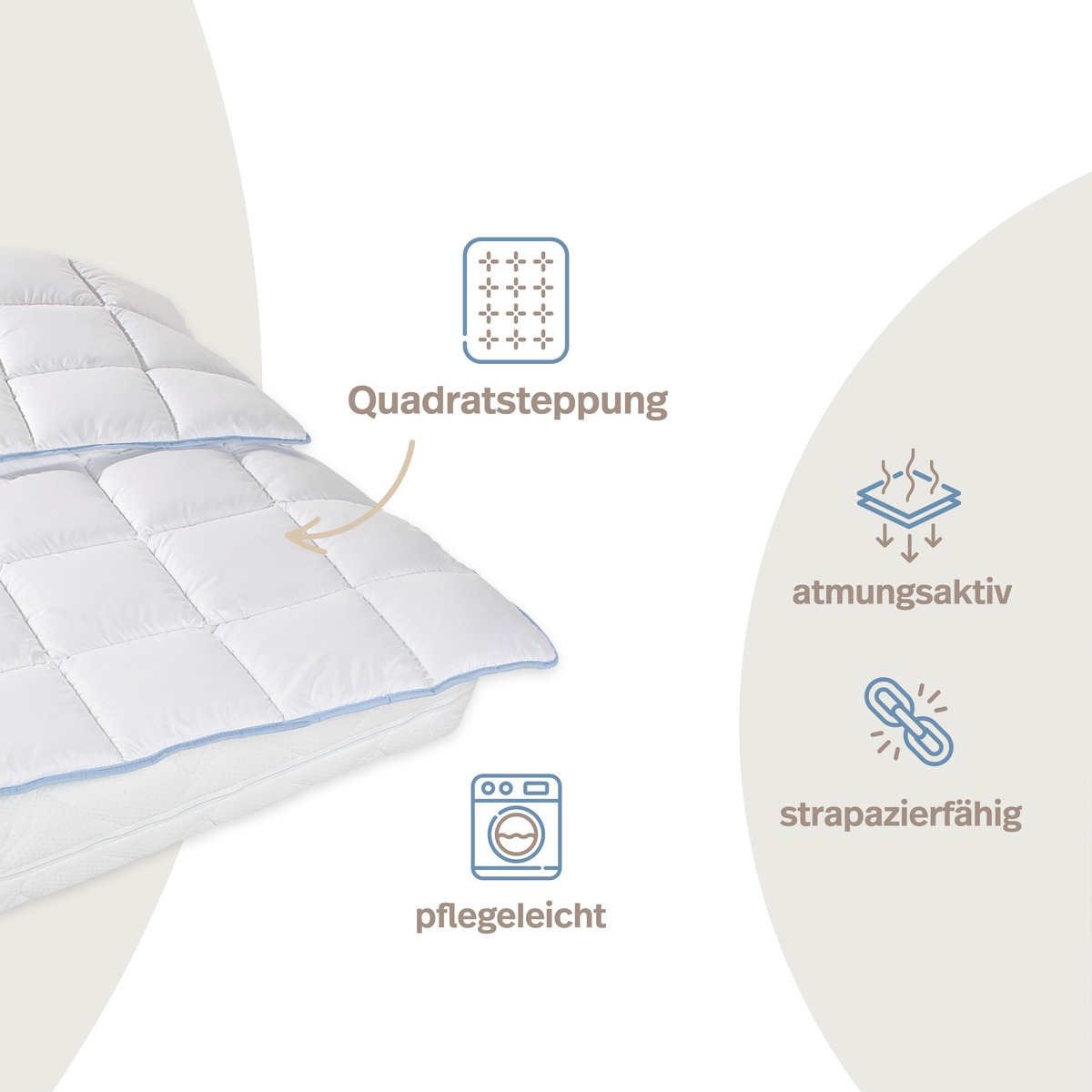 PROCAVE TopCool kochfeste Qualit&auml;ts-Ganzjahresdecke, Infografik mit Icons &mdash; Quadratsteppung f&uuml;r gleichm&auml;&szlig;ige F&uuml;llung, pflegeleicht, atmungsaktiv und strapazierf&auml;hig