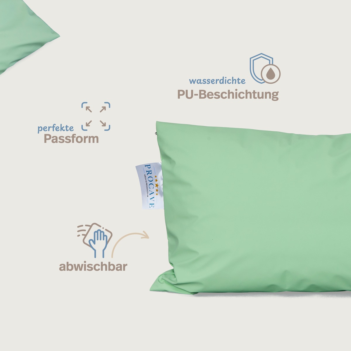 PROCAVE wasserdichter Kissenbezug abwischbar in gr&uuml;n &mdash; Infografik: wasserdichte PU-Beschichtung, perfekte Passform, abwischbar