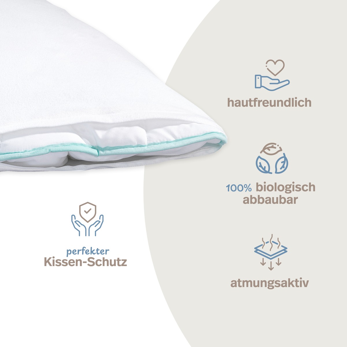 PROCAVE Feinflanell Schutzbezug f&uuml;r Seitenschl&auml;ferkissen &mdash; Infografik: hautfreundlich, 100% biologisch abbaubar, atmungsaktiv, perfekter Kissen-Schutz