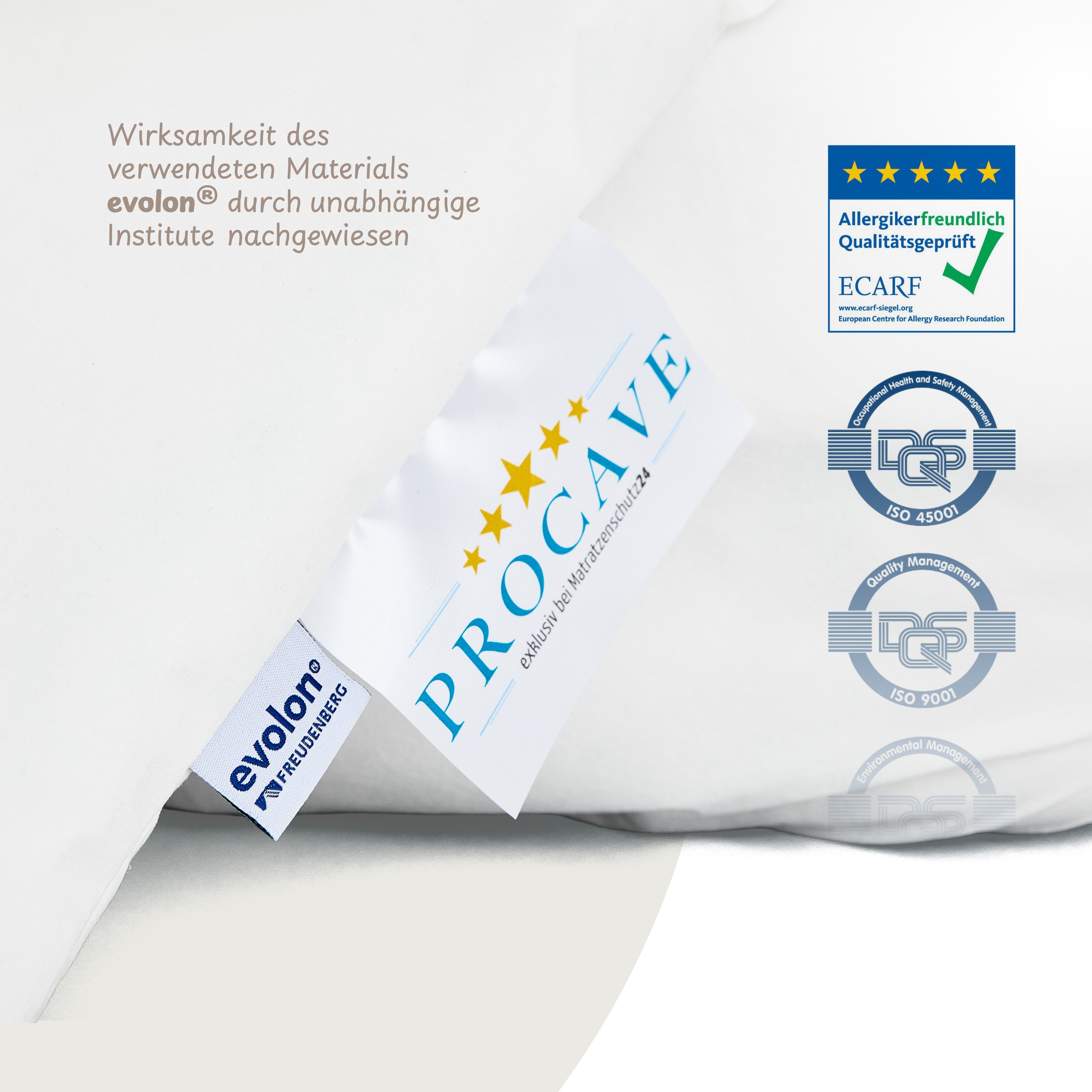 Evolon® Markenlabel und ECARF-Qualitätssiegel auf dem PROCAVE ALLERGENA Matratzenbezug
