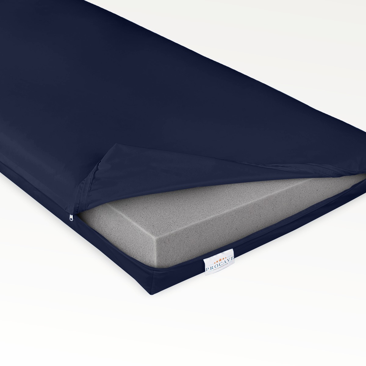 PROCAVE Pflegematratze mit Kaltschaumkern und wasserdichtem Bezug in Dunkelblau &mdash; Produktfreisteller, Bezug halb ge&ouml;ffnet mit sichtbarem Kaltschaumkern