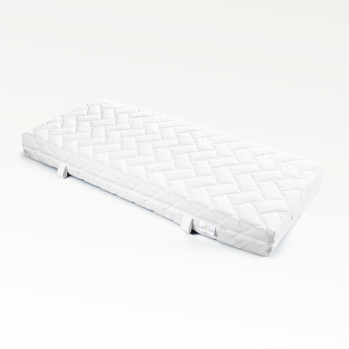 PROCAVE Lyocell Matratzenbezug versteppt Freisteller von schr&auml;g oben &mdash; seidig-weiche TENCEL Lyocell Oberfl&auml;che mit River-23-Wellensteppung und Wendegriffen
