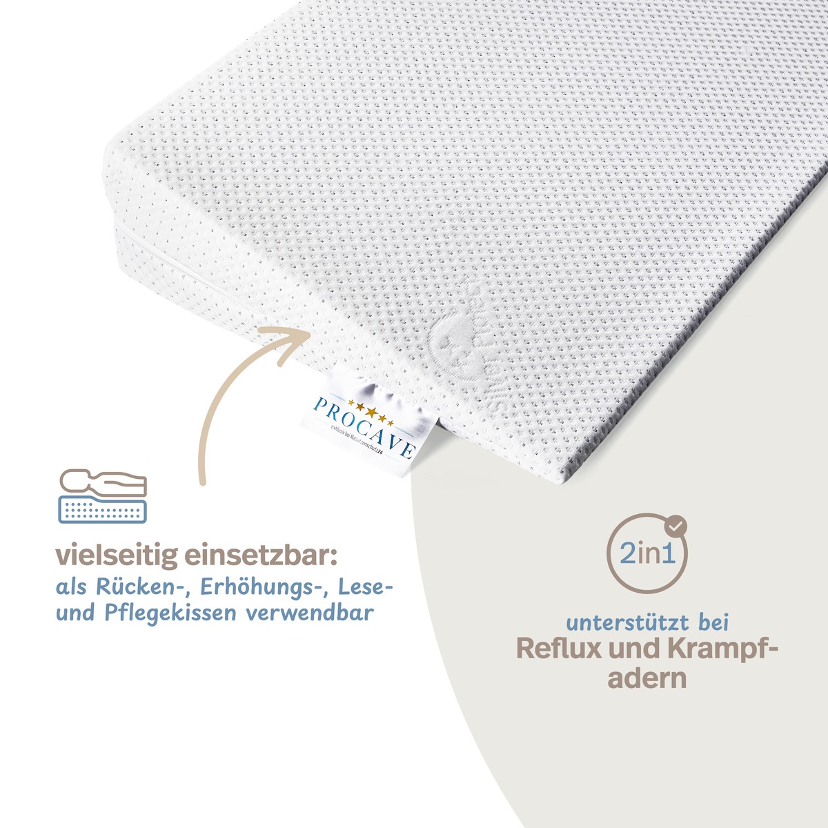 PROCAVE Bettkeil mit Silver Protect-Doppeltuch-Bezug &mdash; Infografik: vielseitig einsetzbar als R&uuml;cken-, Erh&ouml;hungs-, Lese- und Pflegekissen, unterst&uuml;tzt bei Reflux und Krampfadern
