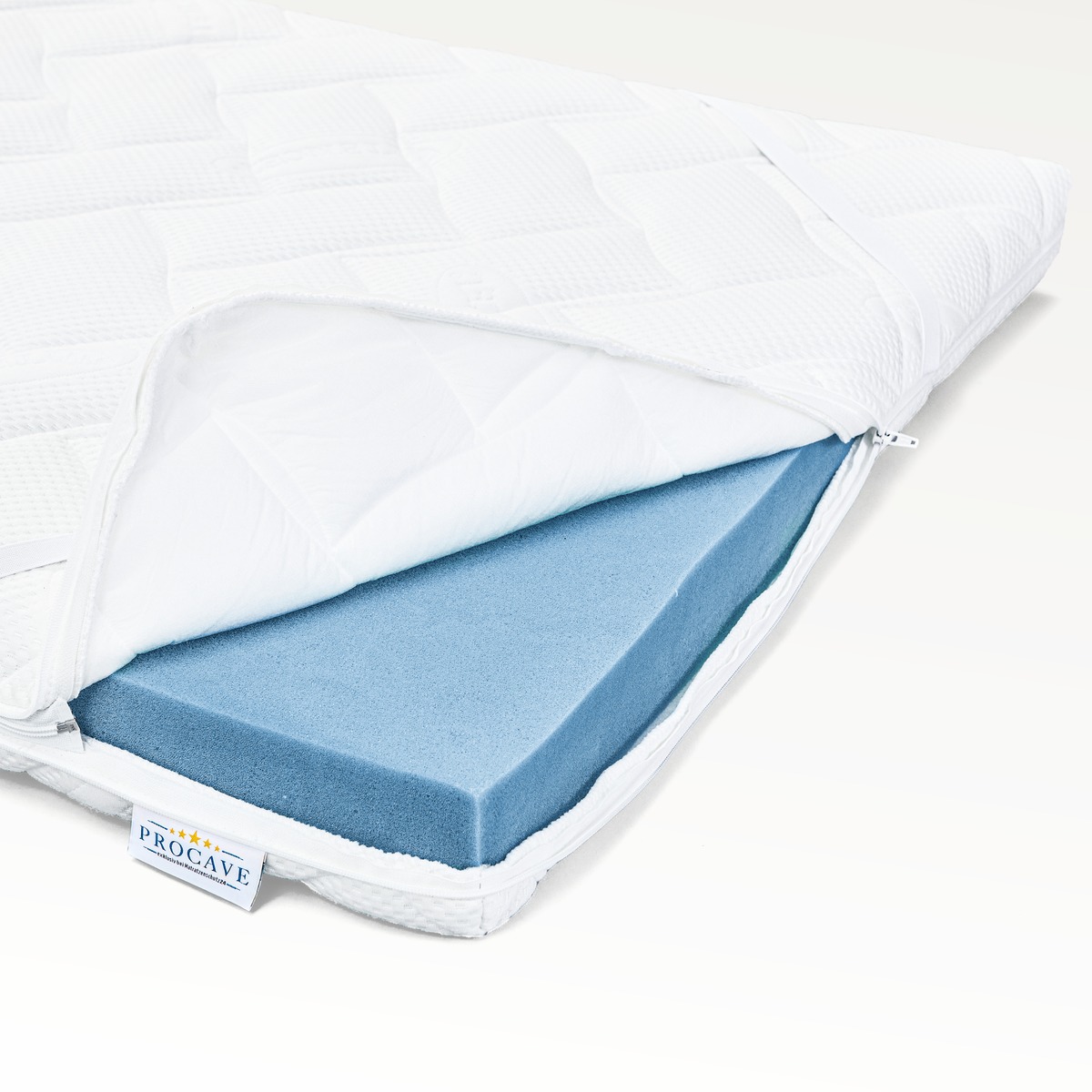 PROCAVE Kaltschaumtopper Premium &mdash; Produktfreisteller auf Matratze liegend, frontale Ansicht mit Lyocell-Bezug sichtbar