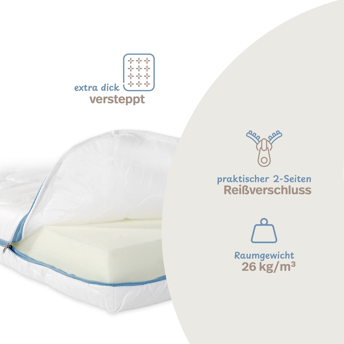 PROCAVE Kindermatratze mit TopCool-Matratzenbezug &mdash; Infografik: extra dick versteppt, praktischer 2-Seiten-Rei&szlig;verschluss, Raumgewicht 26 kg/m&sup3;