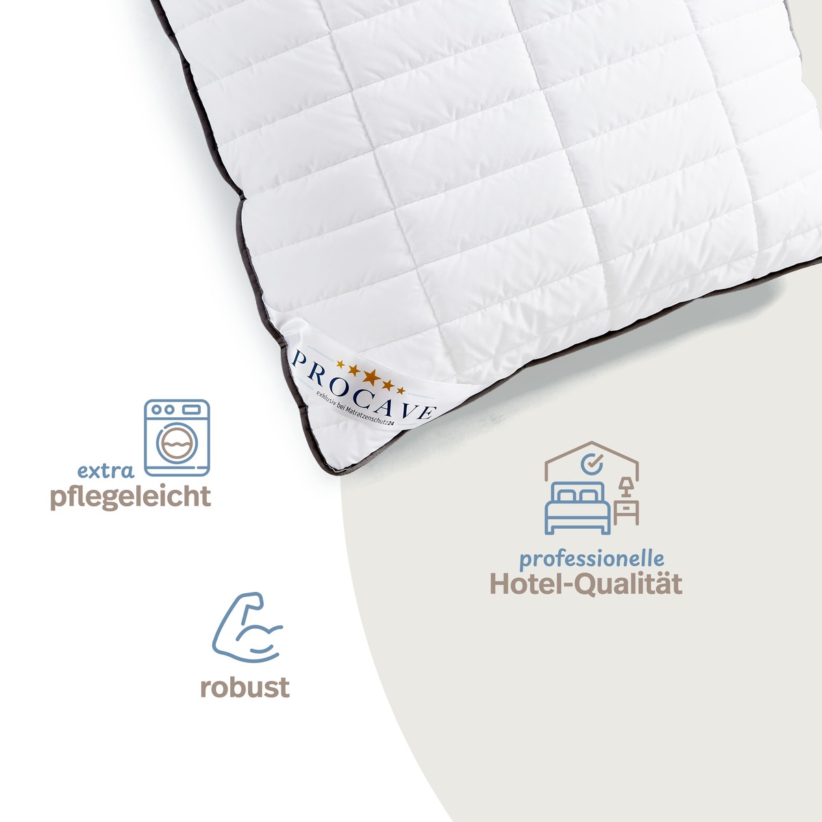 PROCAVE OBJEKT Kopfkissen kochfest in Hotel-Qualität — Infografik: extra pflegeleicht, robust, professionelle Hotel-Qualität