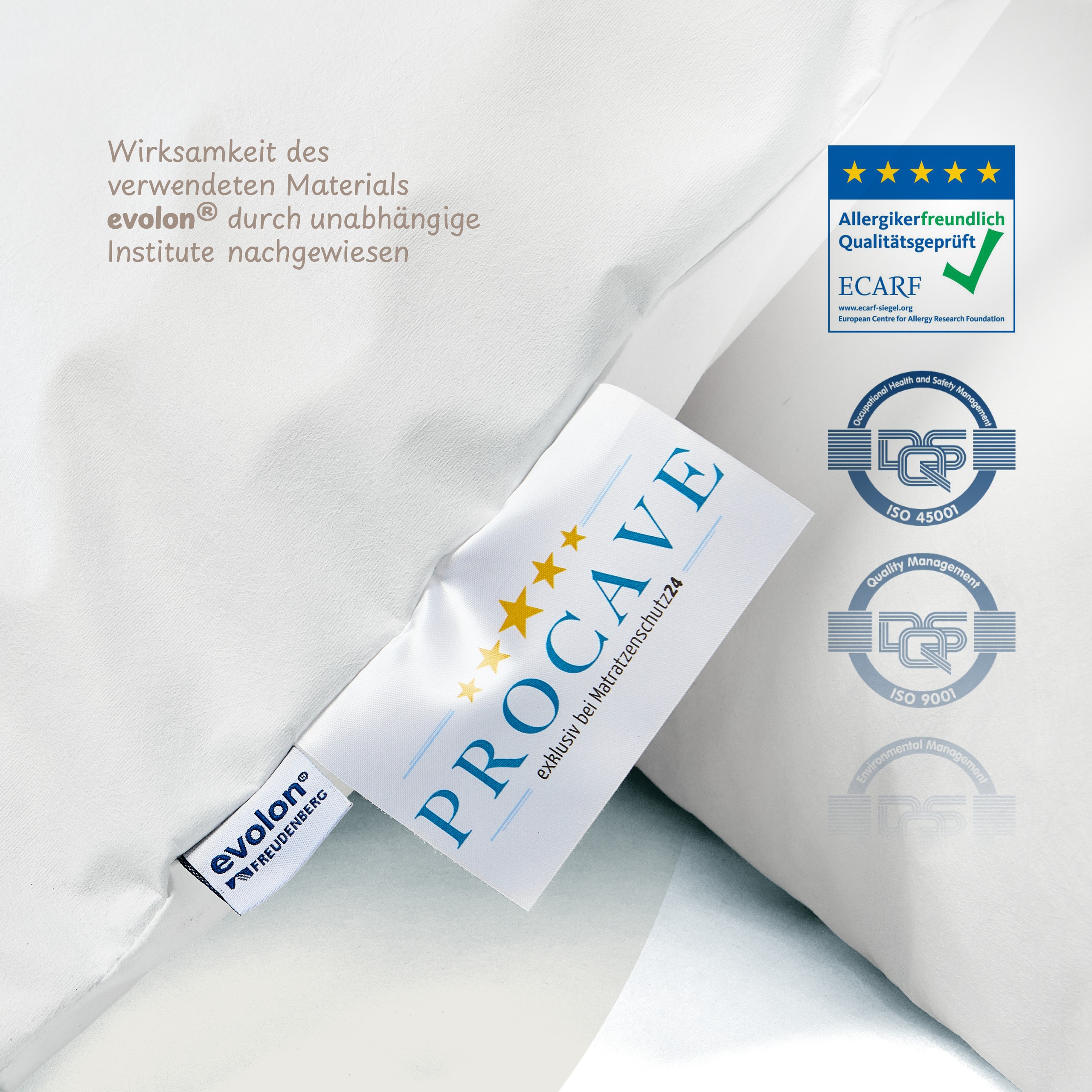 Evolon® Markenlabel und ECARF-Qualitätssiegel auf dem PROCAVE ALLERGENA Kissenbezug — allergikerfreundlich geprüft und zertifiziert