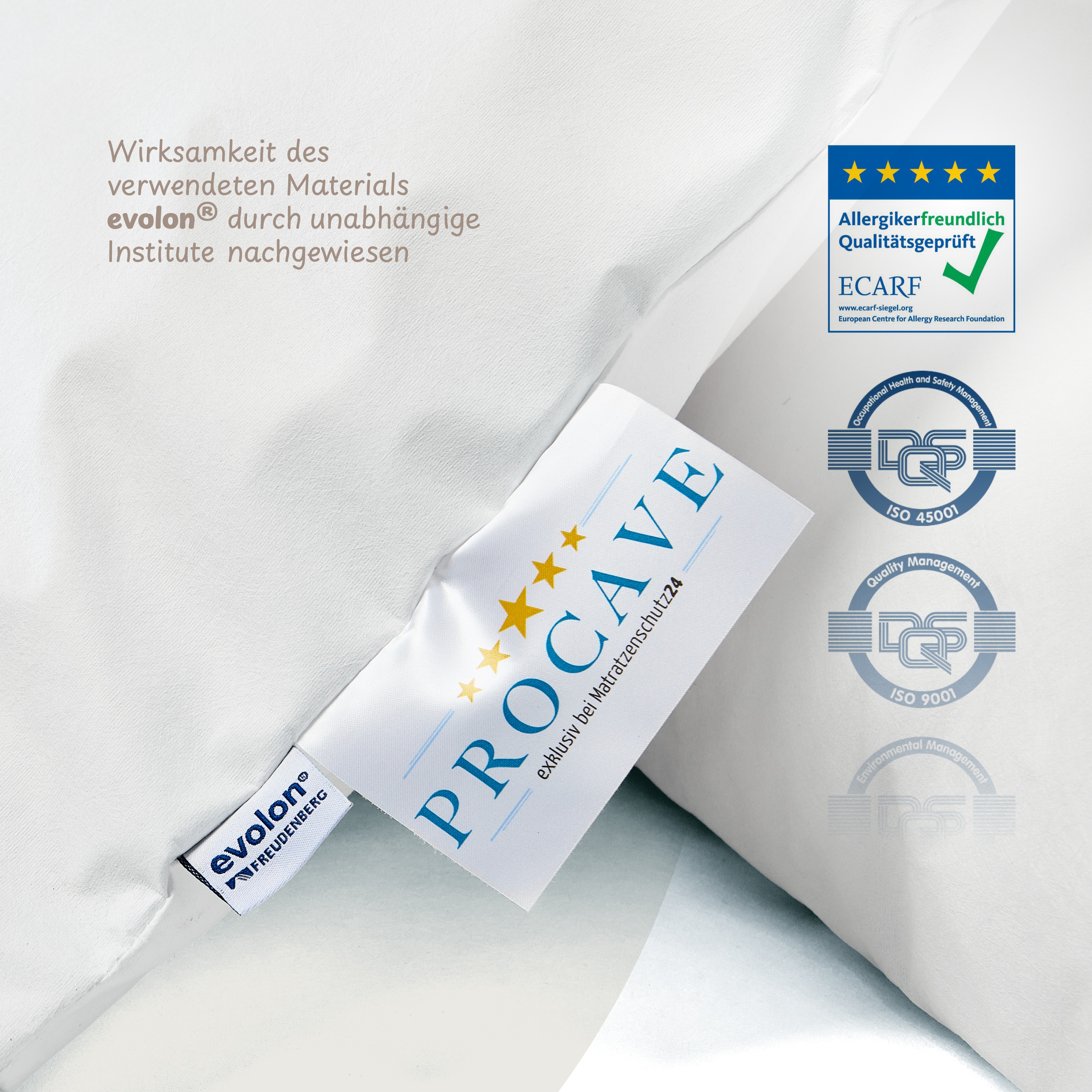 Evolon&reg; Markenlabel und ECARF-Qualit&auml;tssiegel auf dem PROCAVE ALLERGENA Bettdeckenbezug