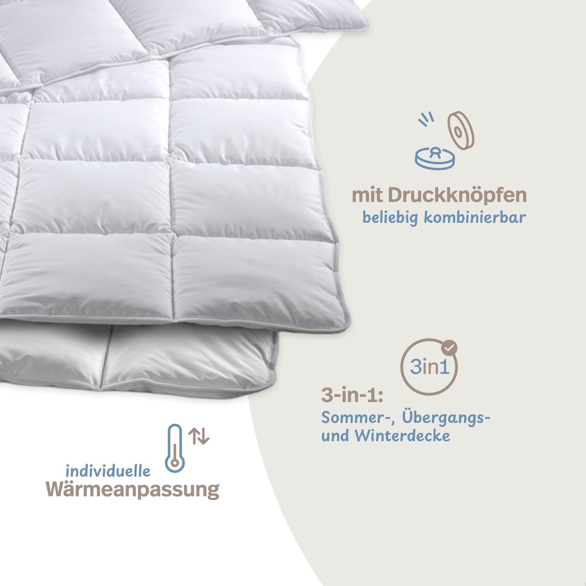 PROCAVE MICRO-COMFORT 4 Jahreszeiten Steppdecke &mdash; Infografik mit Druckknopf-Symbol, 3-in-1-System und individueller W&auml;rmeanpassung f&uuml;r Sommer, &Uuml;bergang und Winter