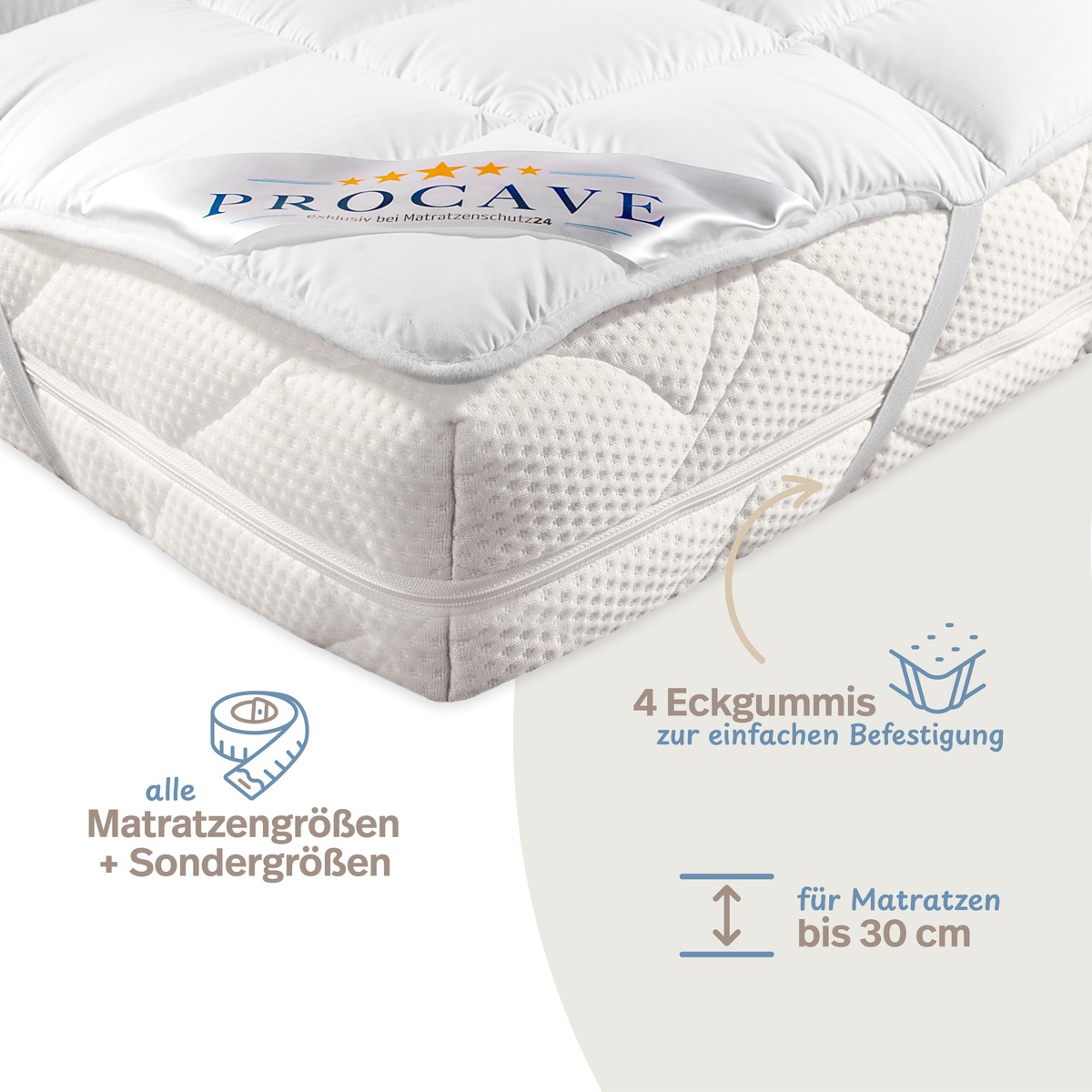 PROCAVE Matratzenschoner MICRO COMFORT &mdash; Infografik: auf Matratze aufgelegt, alle Matratzengr&ouml;&szlig;en und Sondergr&ouml;&szlig;en, 4 Eckgummis zur einfachen Befestigung, f&uuml;r Matratzen bis 30 cm