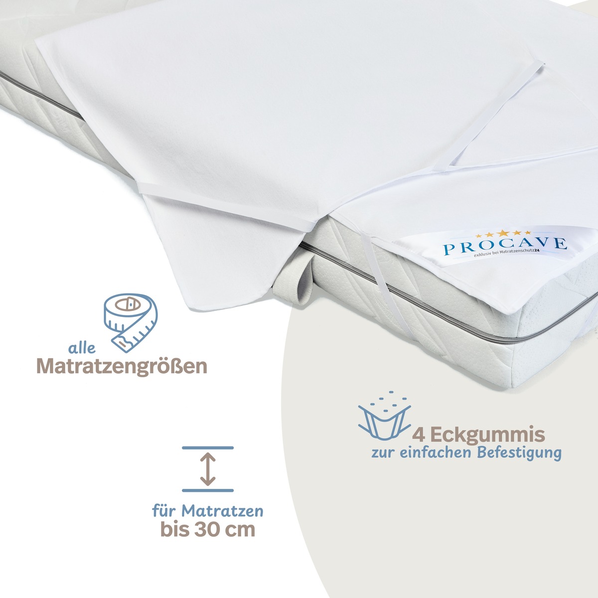 PROCAVE wasserdichte Premium Matratzen-Auflage 3-lagig, Ecke auf Matratze gespannt &mdash; Infografik: alle Matratzengr&ouml;&szlig;en, f&uuml;r Matratzen bis 30 cm, 4 Eckgummis zur einfachen Befestigung
