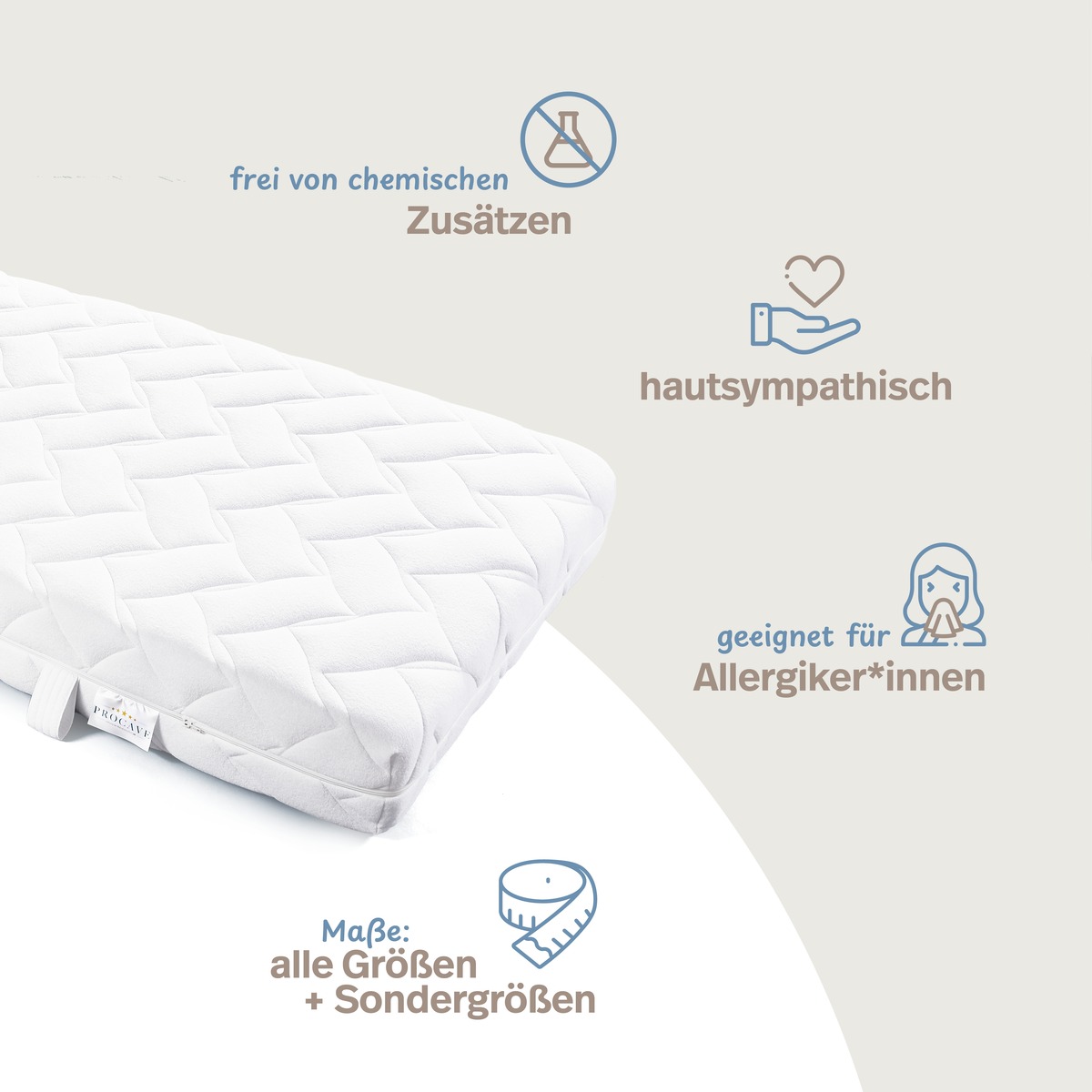 PROCAVE Frottee Matratzenbezug versteppt Infografik &mdash; frei von chemischen Zus&auml;tzen, hautsympathisch, geeignet f&uuml;r Allergikerinnen, alle Gr&ouml;&szlig;en und Sondergr&ouml;&szlig;en erh&auml;ltlich