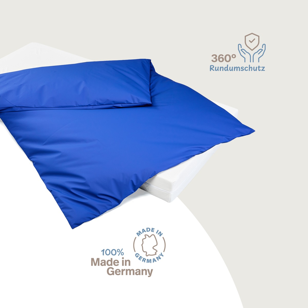 PROCAVE wasserdichter Inkontinenz Bettdeckenbezug blau &mdash; Bettdeckenbezug auf Matratze mit Icons: 360&deg; Rundumschutz und Made in Germany