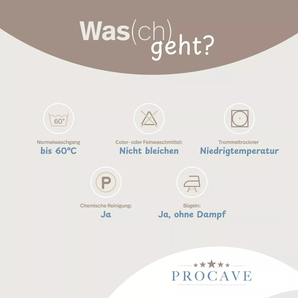 PROCAVE Bettkeil mit AloeVera-Doppeltuch-Bezug &mdash; Pflegesymbole: Normalwaschgang bis 60 &deg;C, nicht bleichen, Niedrigtemperatur-Trockner, Chemische Reinigung ja, B&uuml;geln ja ohne Dampf